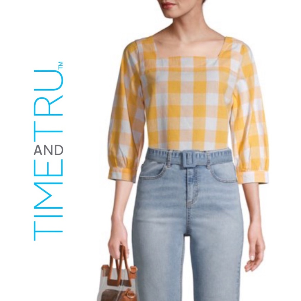 NWT Time and Tru Women's Square Neck Top in Yellow & White Gingham Size XXL USW